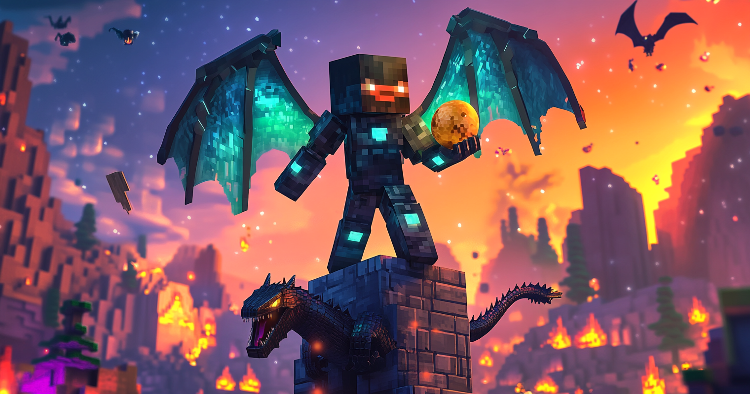 A 3D Minecraft player wearing netherite armor and Elytra stands victorious over the Ender Dragon in a cinematic, blocky scene.