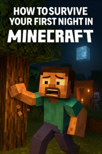 Minecraft-style scene of a panicked player punching a tree while a Creeper sneaks up behind, with a torch-lit dirt hut and lurking skeletons nearby under a glowing moon.