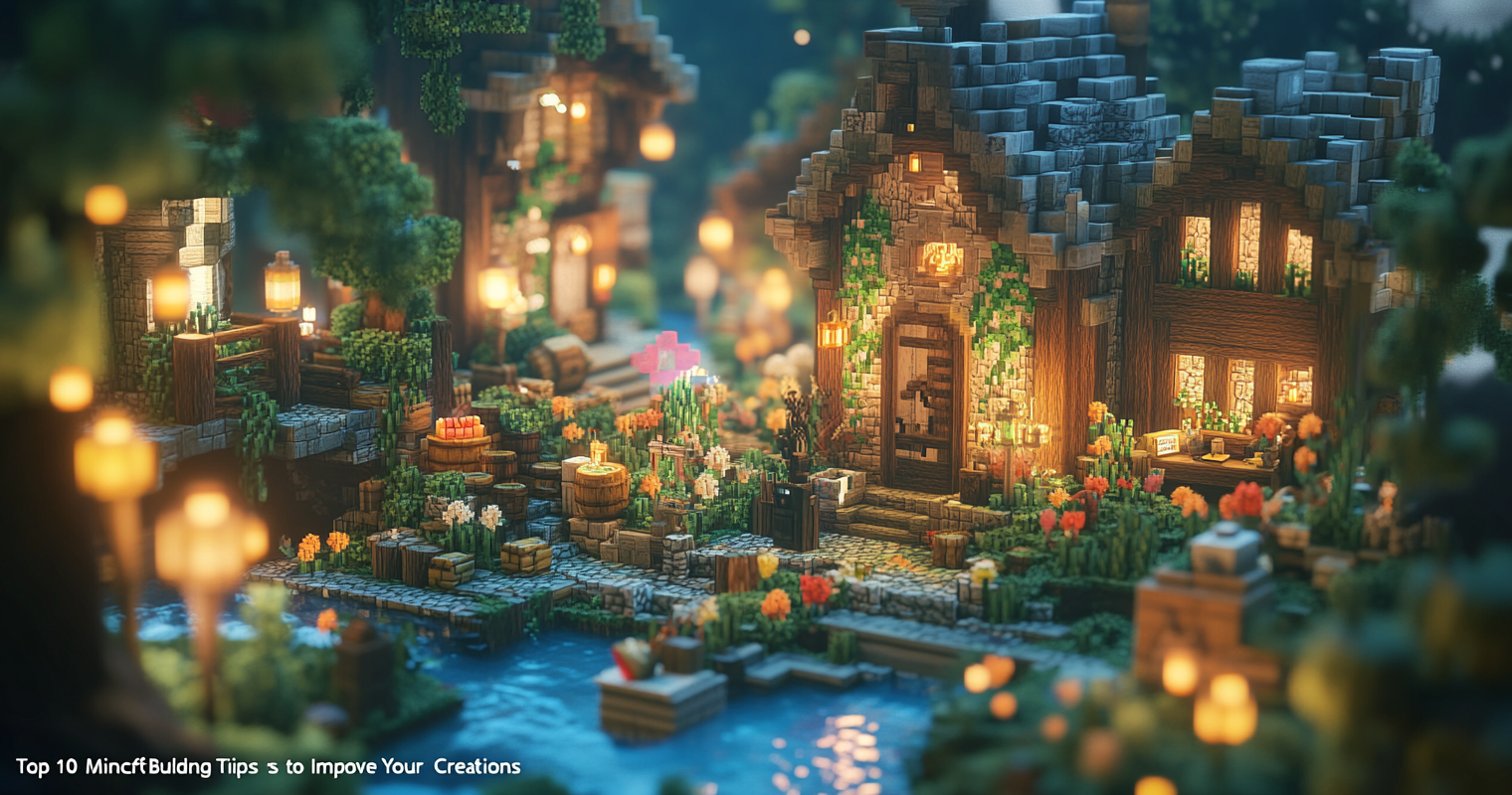 A breathtaking 3D Minecraft build featuring a detailed castle with glowing lanterns, layered walls, terraformed terrain, and lush landscaping.