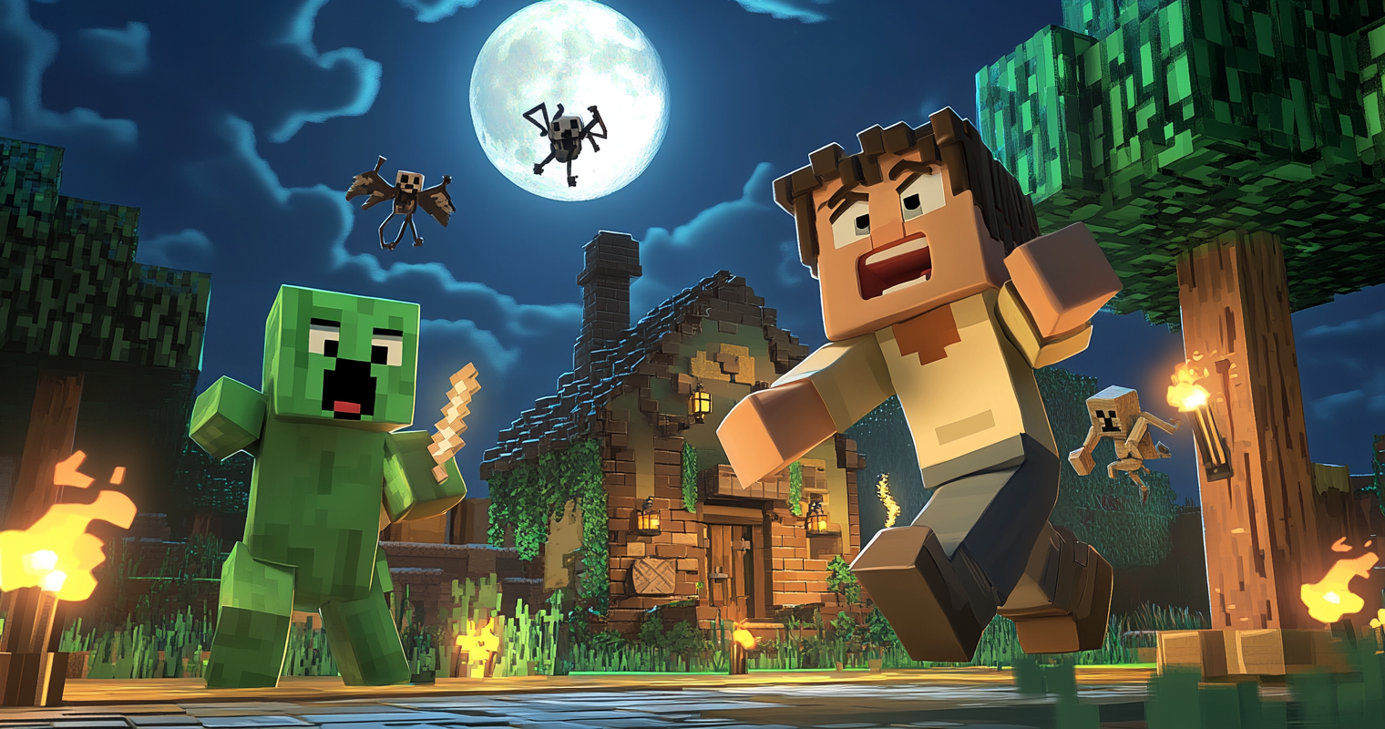 A funny Minecraft-style illustration showing a frantic player punching a tree, with monsters lurking and a chicken supervising.