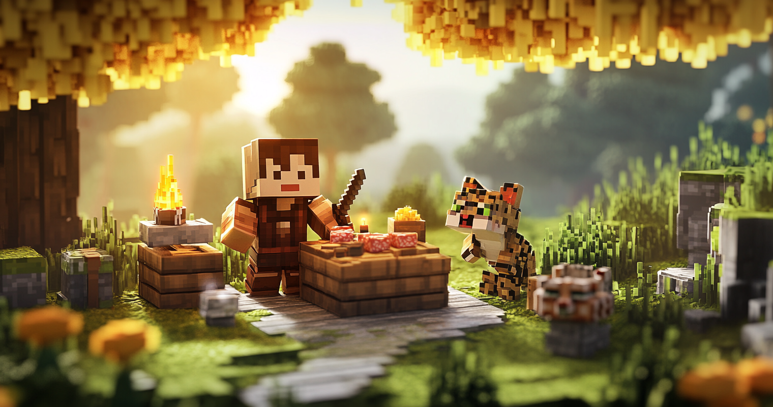 A realistic 3D Minecraft-style render of a chaotic beginner scene with mobs, tools, and a panicked player at sunset.